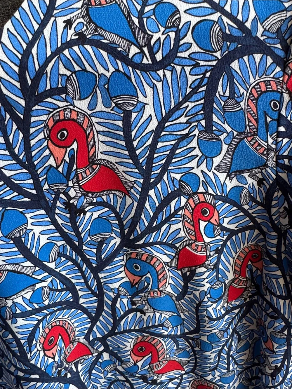 Tory Burch Blue Bird-Print Midi Dress with Red Accents